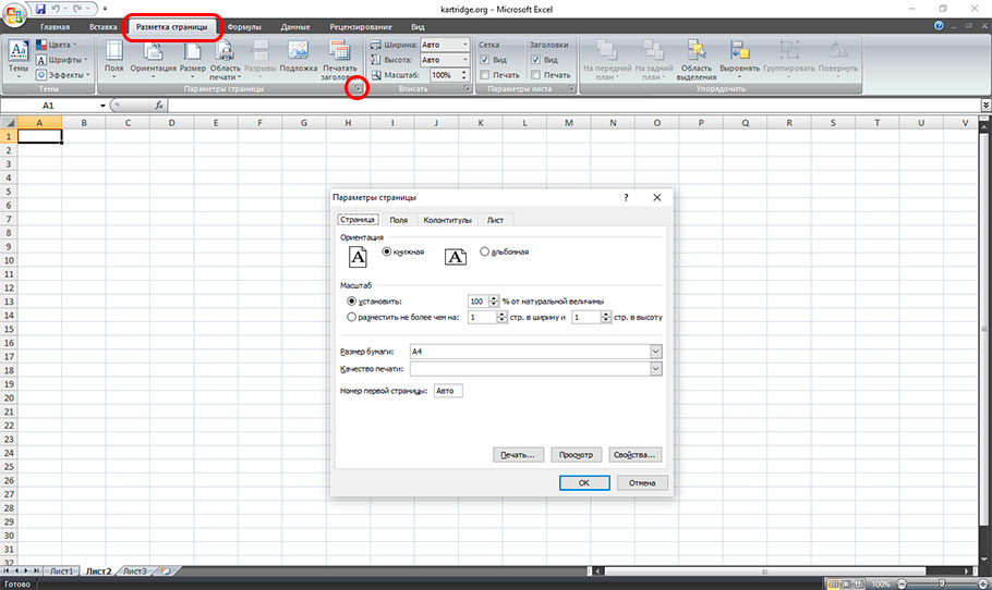 вызов параметров страницы в Excel
